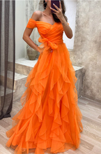 Load image into Gallery viewer, Off Shoulder Orange Prom Dresses with Sash