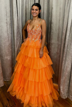 Load image into Gallery viewer, Orange Prom Dresses Straps Tiered