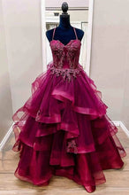 Cargar imagen en el visor de la galería, Fuchsia Prom Dresses Red Tiered with Appliques