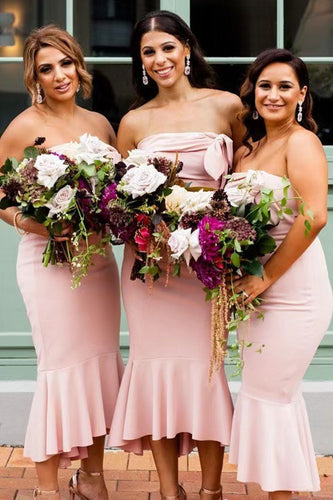 Strapless Pink Bridesmaid Dresses Ankle Length