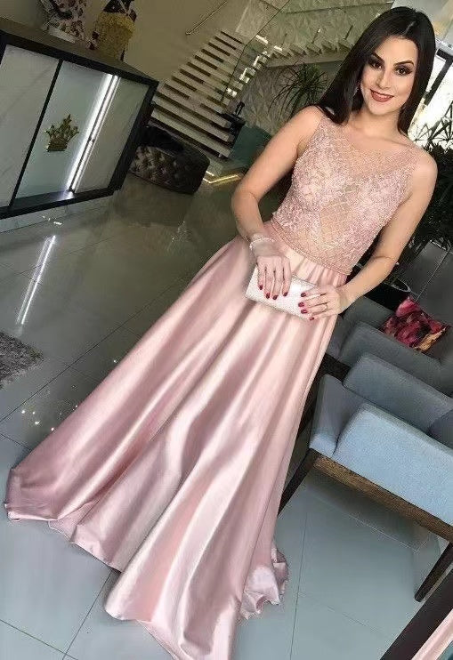 Pink Prom Dresses Evening Gown with Beading Lace