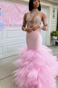High Neck Prom Dresses Mermaid Pink with Full Sleeves