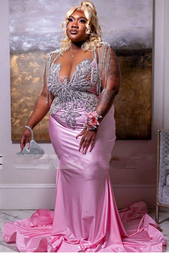 Plus Size Pink Prom Dresses with Beading