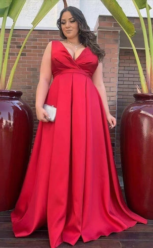 Plus Size V Neck Prom Dresses Red Gown for Women