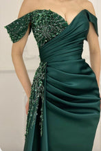 Load image into Gallery viewer, Off Shoulder Dark Green Prom Dresses with Beading