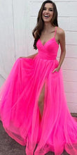 Load image into Gallery viewer, Fuchsia Prom Dresses Spaghetti Straps Tulle Floor Length