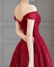 Load image into Gallery viewer, Off Shoulder Prom Dresses Burgundy Sparkly Floor Length