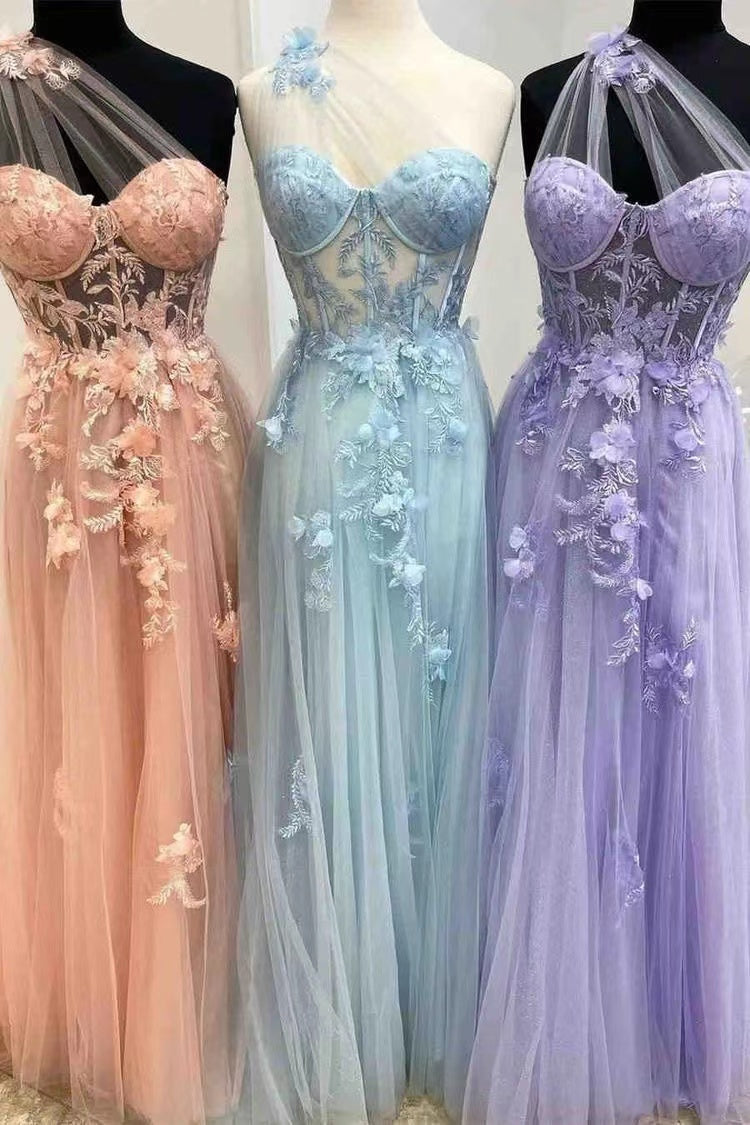 One Shoulder Prom Dresses Tulle with Lace Appliques