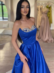 Prom Dresses Royal Blue Slit Side Sweetheart with Beading