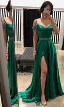 Charger l&#39;image dans la galerie, Straps Prom Dresses Green Slit Side with Beaded