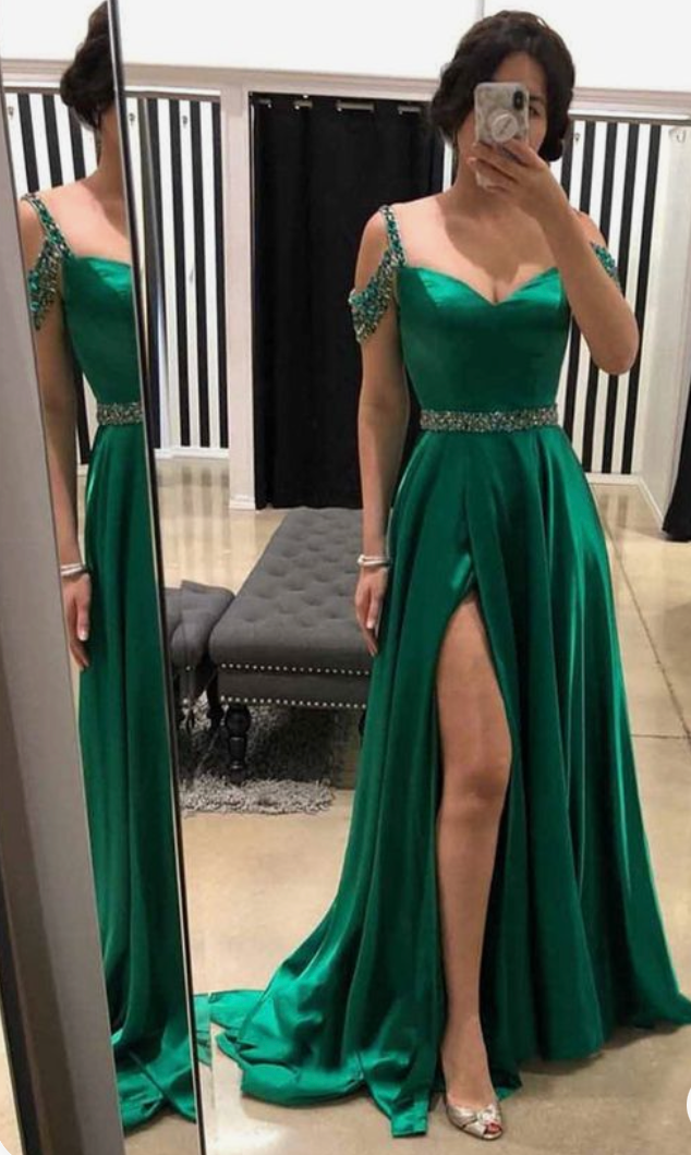 Straps Prom Dresses Green Slit Side with Beaded