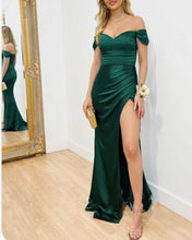 Load image into Gallery viewer, Off Shoulder Green Prom Dresses Off Shoulder Slit Side