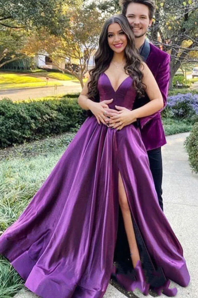 Prom Dresses Spaghetti Straps Slit Side Purple