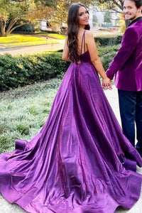 Prom Dresses Spaghetti Straps Slit Side Purple