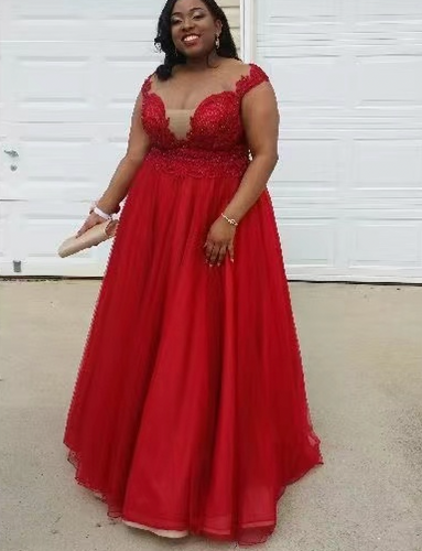 Plus Size Red Prom Dresses Slit Side with Appliques Lace