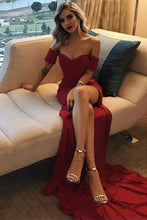 Load image into Gallery viewer, Off Shoulder Red Prom Dresses Slit Side Evening Gown