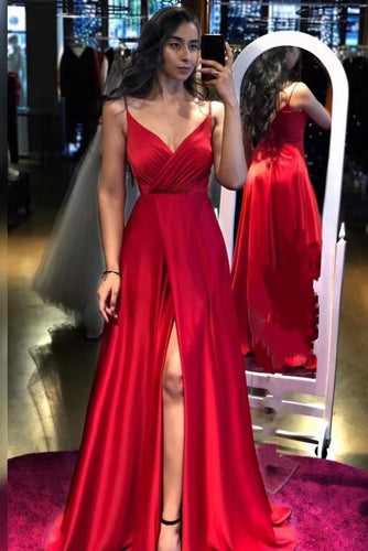 Red Prom Dresses Spaghetti Straps Slit Side