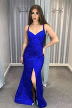 Charger l&#39;image dans la galerie, Royal Blue Prom Dresses Slit Side Sparkly