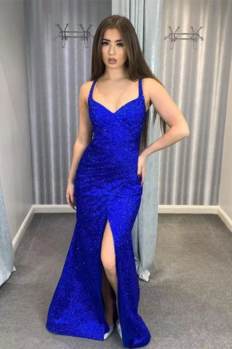 Royal Blue Prom Dresses Slit Side Sparkly