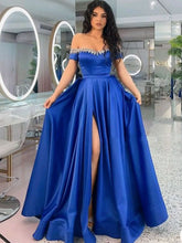 Laden Sie das Bild in den Galerie-Viewer, Prom Dresses Royal Blue Slit Side Off Shoulder with Beading