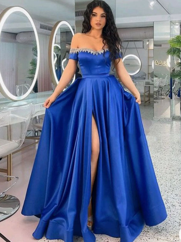 Prom Dresses Royal Blue Slit Side Off Shoulder with Beading