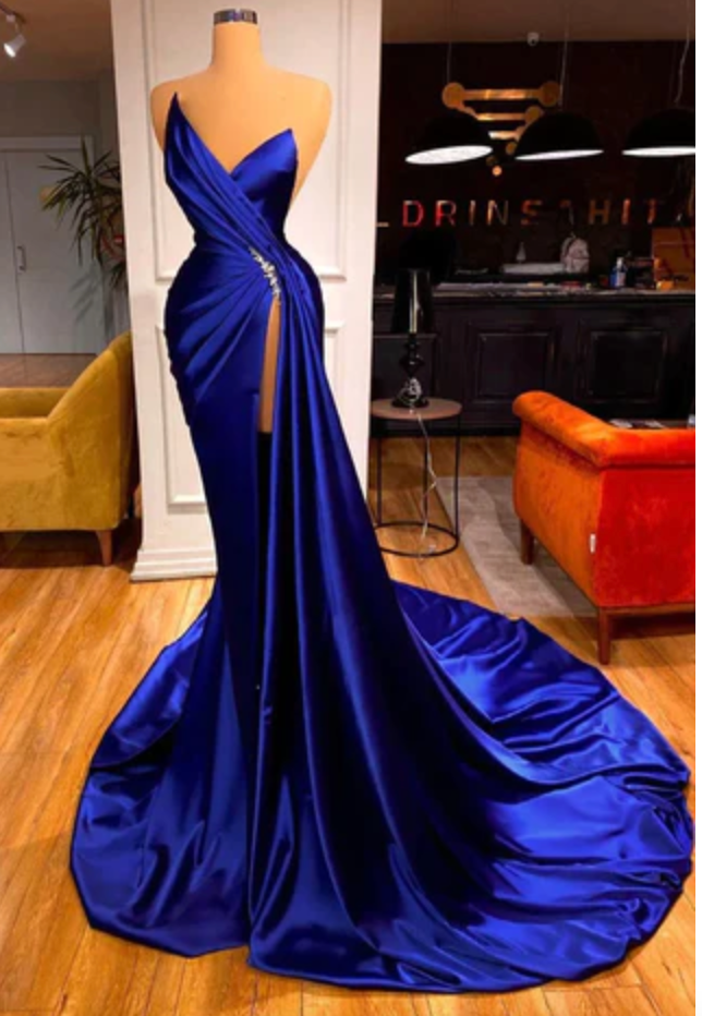 Prom Dresses Royal Blue Slit Side