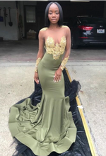 Load image into Gallery viewer, Sheer Neck Olive Green Prom Dresses with Sleeves