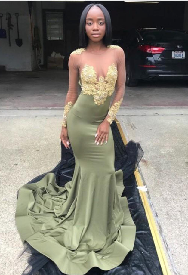 Sheer Neck Olive Green Prom Dresses with Sleeves