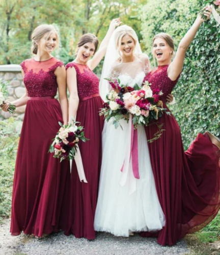Sheer Neck Burgundy Bridesmaid Dresses with Appliques Lace