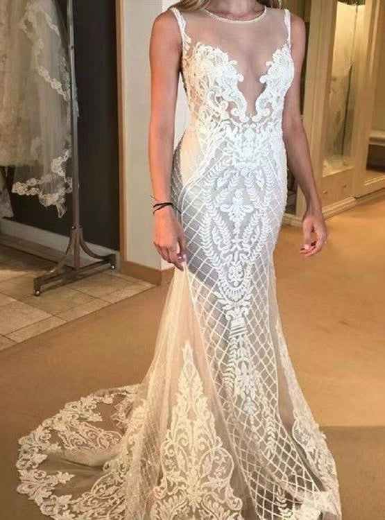 Sheer Neck Wedding Dresses Bridal Gown with Lace Appliques