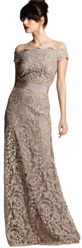 Woman wearing a silver lace evening gown on a white background