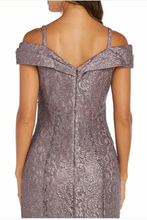 Load image into Gallery viewer, Silver off-shoulder dress on a white background