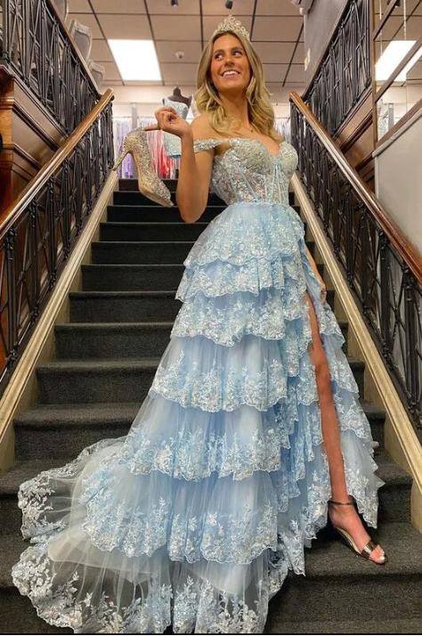 Prom Dresses Sky Blue with Appliques Lace