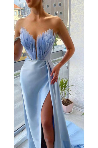 Blue Prom Dresses Slit Side with Feather