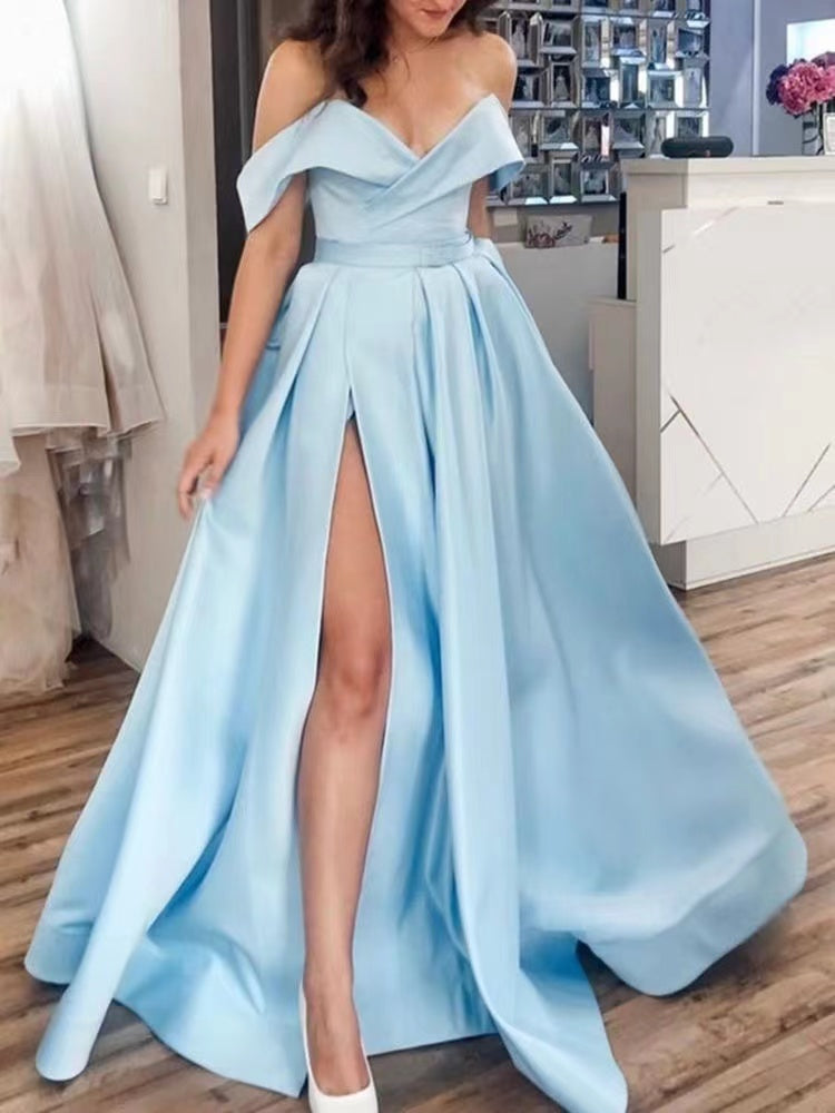 Sky Blue Prom Dresses Slit Side Off Shoulder