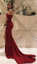 Load image into Gallery viewer, Off Shoulder Red Prom Dresses Slit Side Evening Gown