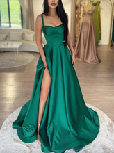 Cargar imagen en el visor de la galería, Green Prom Dresses Slit Side Spaghetti Straps