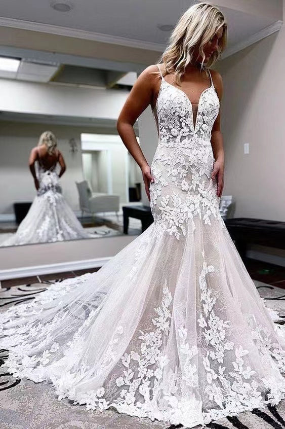 Spaghetti Straps Wedding Dresses Bridal Gown with Lace