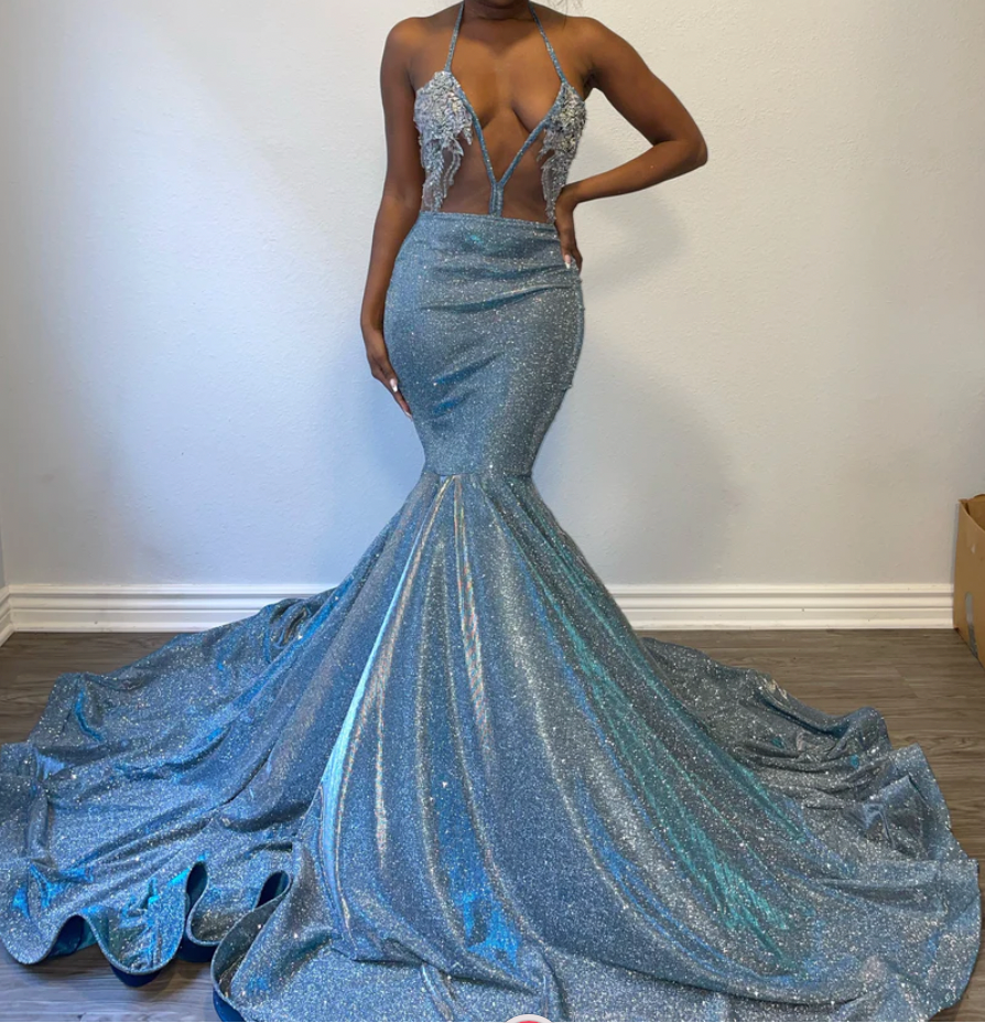 Sparkly Sky Blue Prom Dresses Evening Gown