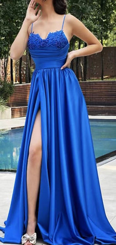 Spaghetti Straps Prom Dresses Royal Blue Slit Side