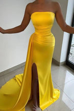 Load image into Gallery viewer, Strapless Yellow Slit Side Prom Dresses