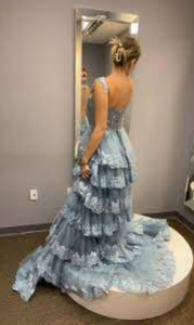 Prom Dresses Sky Blue with Appliques Lace