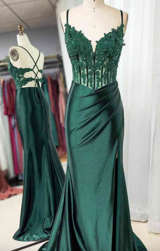 Green Prom Dresses Spaghetti Straps with Appliques Lace