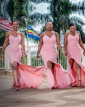 Load image into Gallery viewer, Spaghetti Straps Bridesmaid Dresses Pink Slit Side