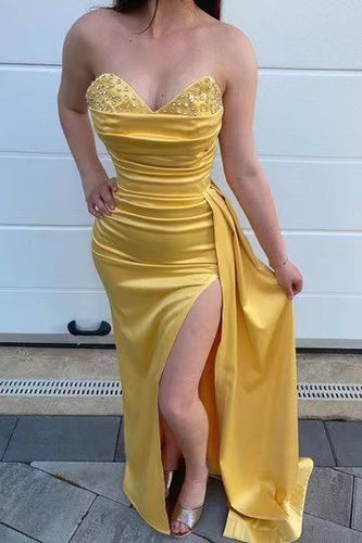 Sweetheart Prom Dresses Yellow Slit Side with Sequins