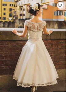 Tea Length Wedding Dresses Bridal Gown with Sleeves Lace