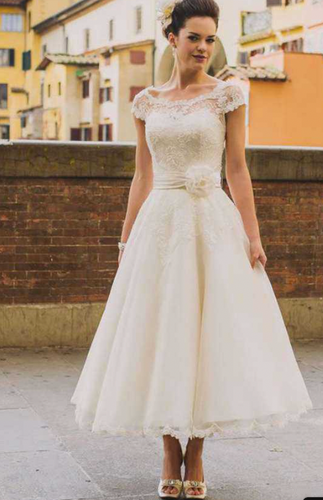 Tea Length Wedding Dresses Bridal Gown with Sleeves Lace