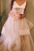 Load image into Gallery viewer, White dress with a sheer overlay and floral details on a plain background