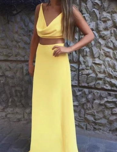 Two Piece Prom Dresses Yellow Floor Length