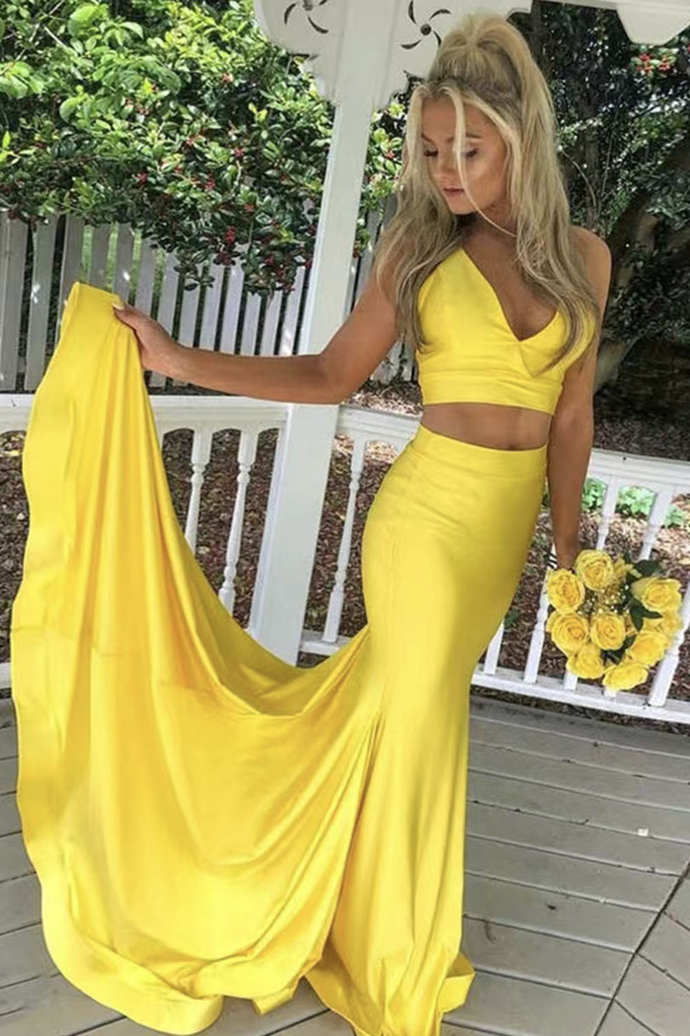 Two Piece Yellow Prom Dresses Slit Side Mermaid